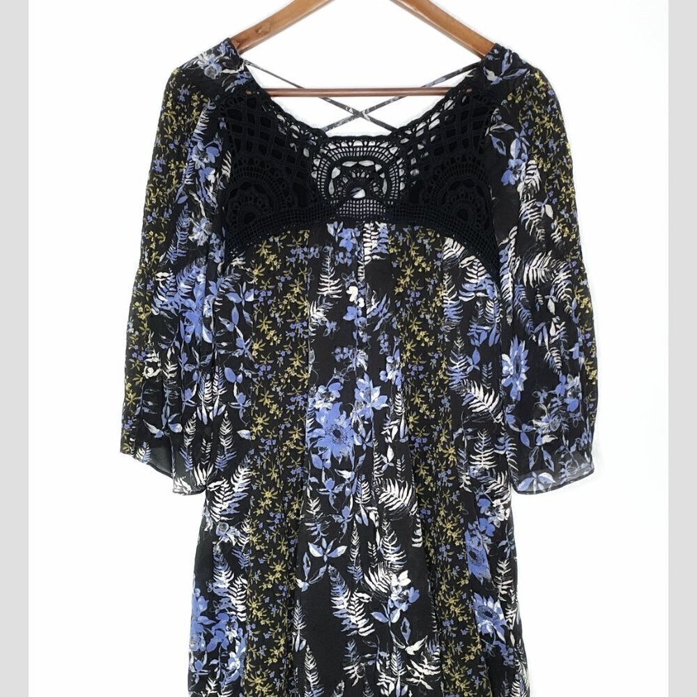 Free People Crochet Front Flower Floral Mini Long Sleeve Flowy Boho Tunic Dress - Picture 2 of 9